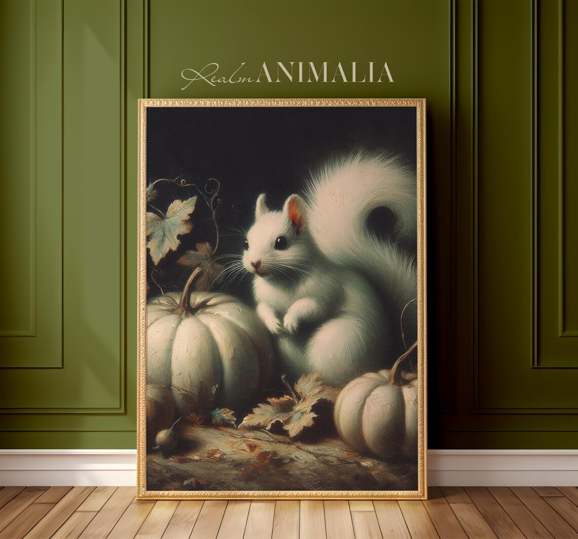 White Squirrel With White Pumpkins Dark Moody Fall Still Life Art Poster - Image 2