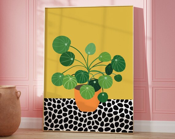Pilea Money Plant Orange Pot Yellow Polka Dot Floor Botanical Poster