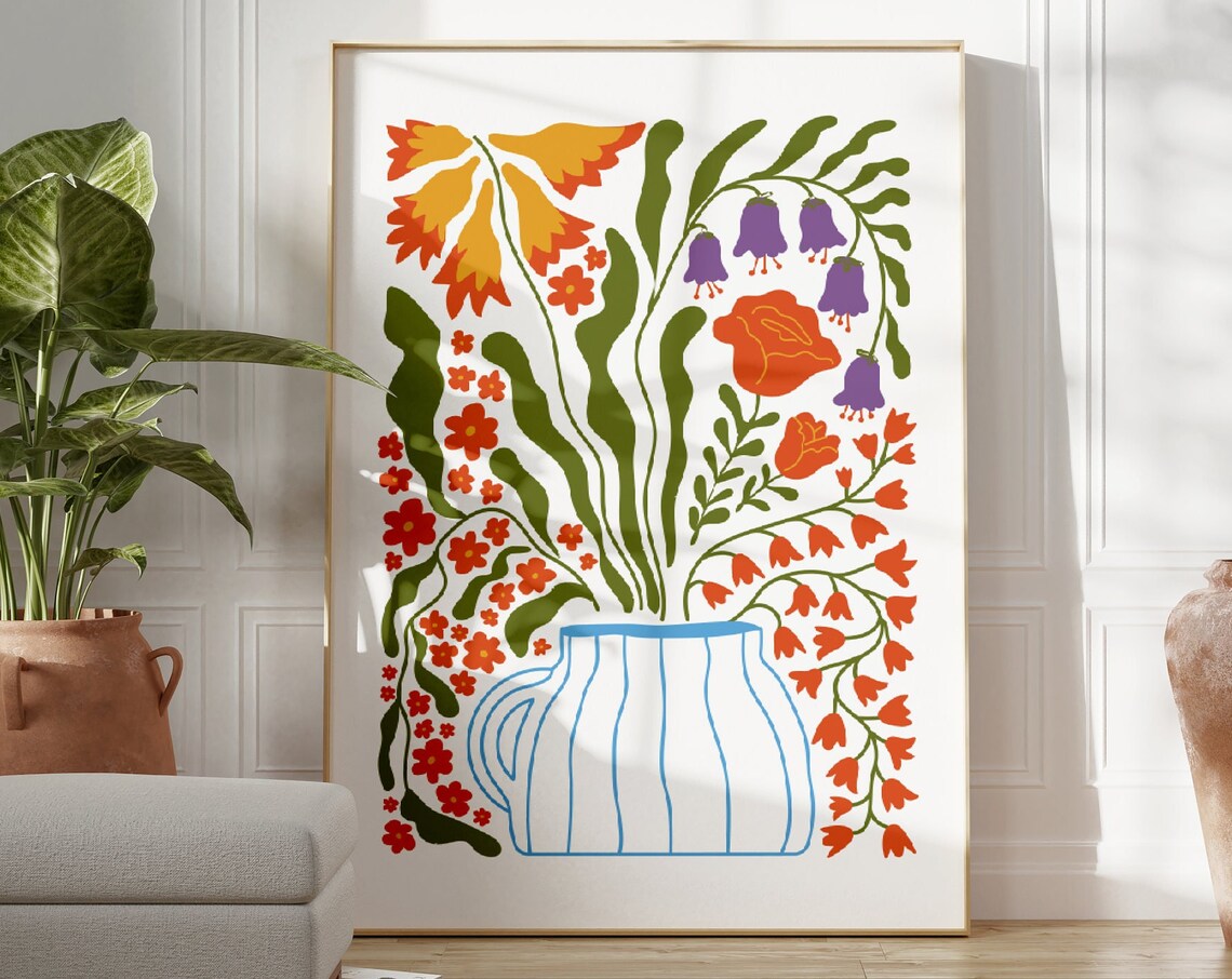 Colourful Flowers And Vase Botanical Art Print