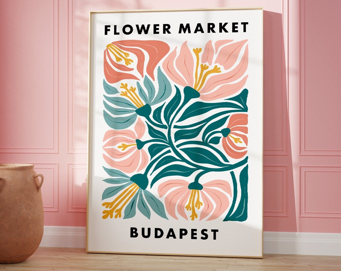 Flower Market Budapest Poster, Blue Floral Daisy
