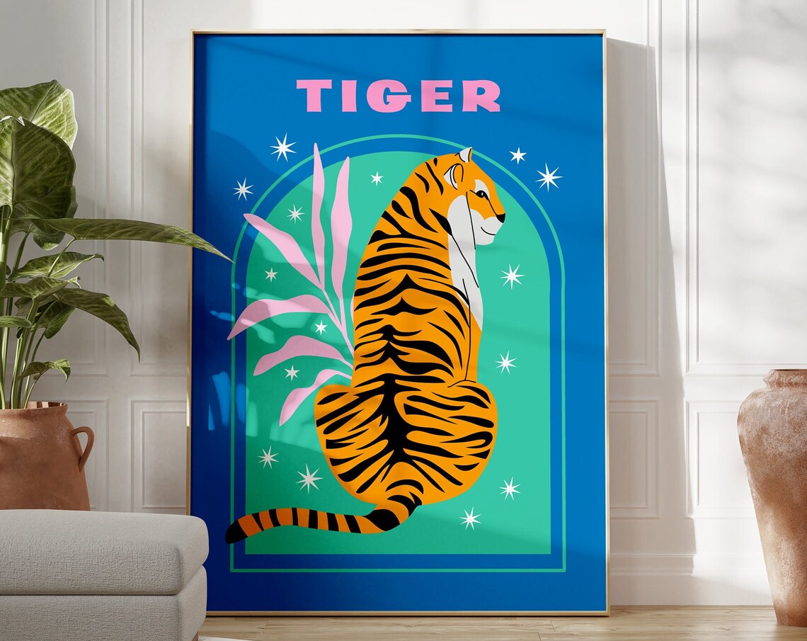 Tiger Neon Pop Bold Blue Retro Wildlife Maximalist Decor Poster