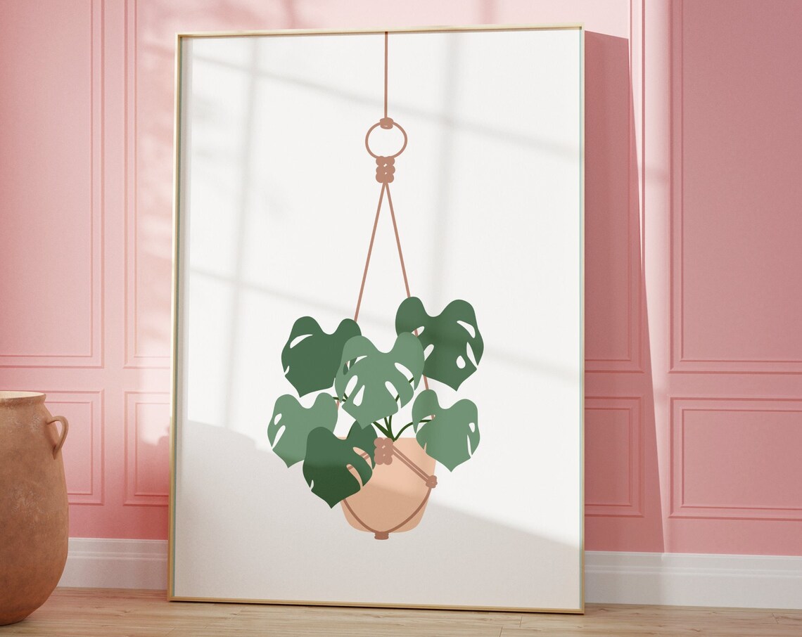 Hanging Monstera Macrame Hanger Minimalist Plant Illustration Poster