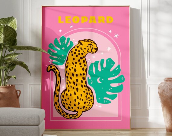 Leopard With Monstera Leaves On Hot Pink Tropical Pop Art Poster