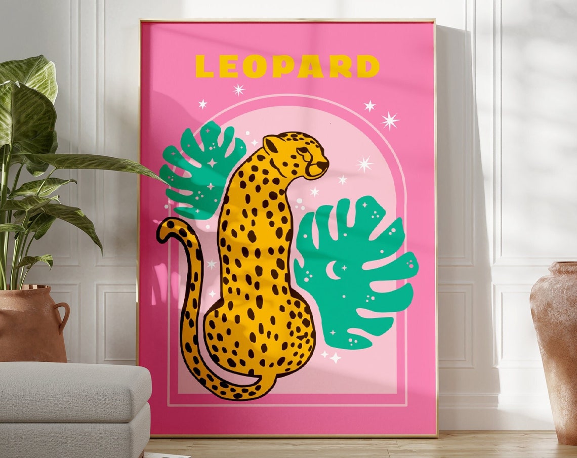 Leopard With Monstera Leaves On Hot Pink Tropical Pop Art Poster