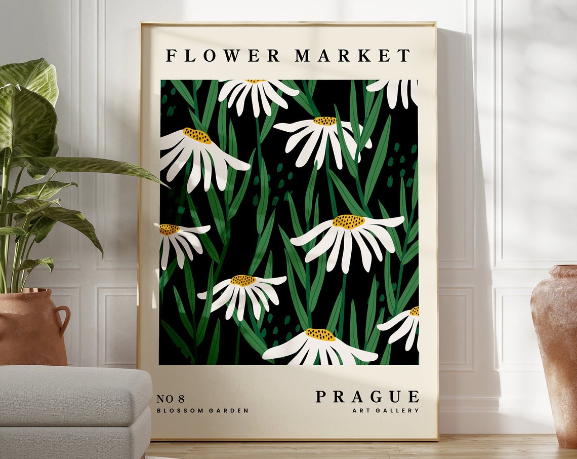 Flower Market Prague White Daisy Black Background Botanical Poster