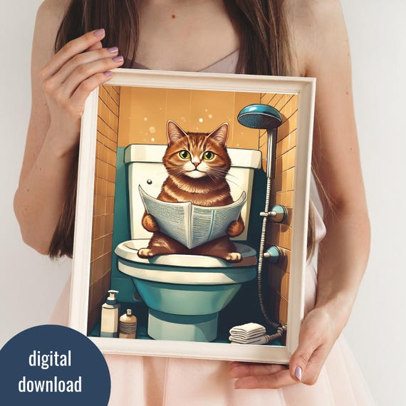 Cat Portrait Funny Bathroom Wall Decor Print Room Art Poster Wallart Toilets Postern Gift