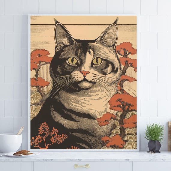 Japandi Cat Wall Art Japanese Minimalist Print Zen Feline Artwork Boho Decor Neutral Modern Animal Illustration