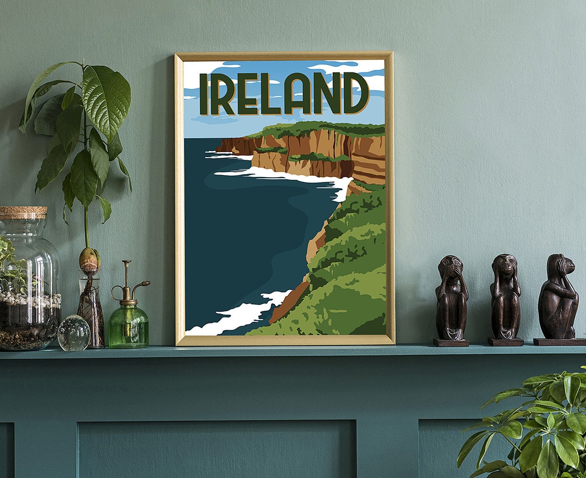 Ireland Retro Travel Poster Ocean Cliffs Coast Sunset Landscape Art - Image 3