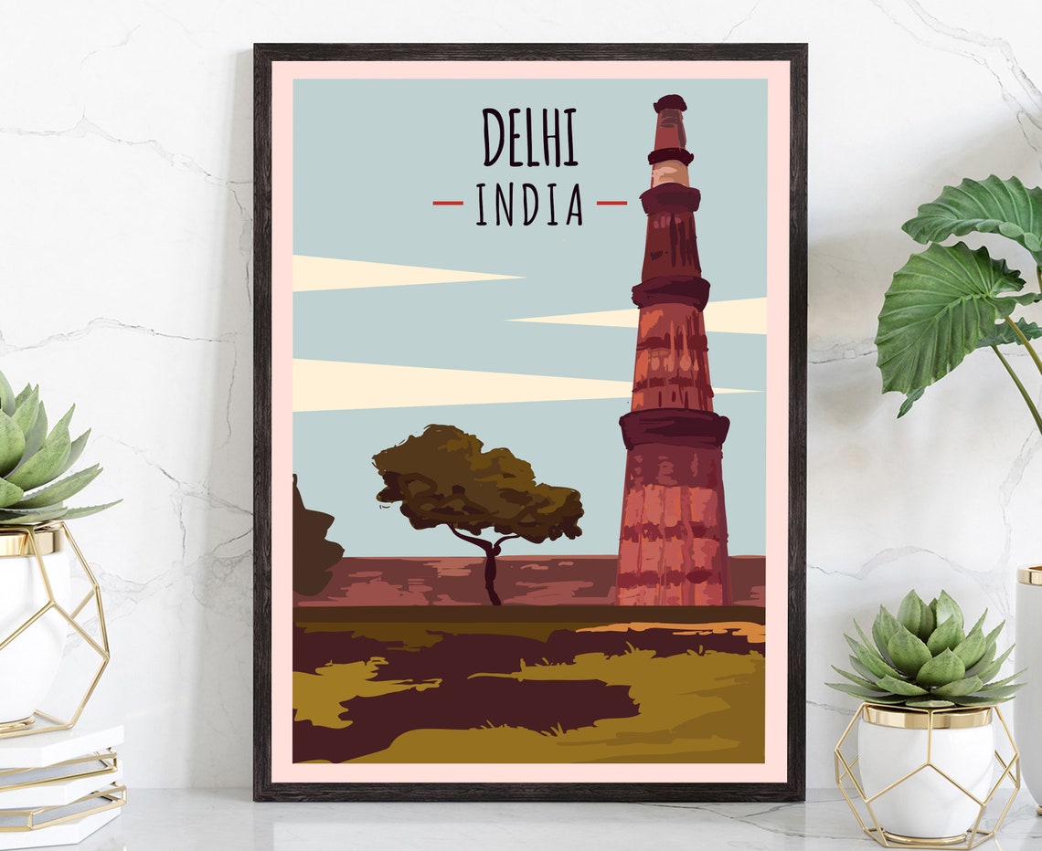 Delhi India Qutub Minar Retro Vintage Landmark Travel Poster