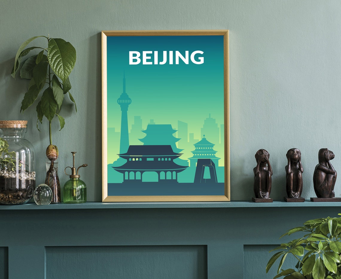 Beijing China Pagoda Tower Skyline Teal Minimalist Travel Poster Art - Image 3