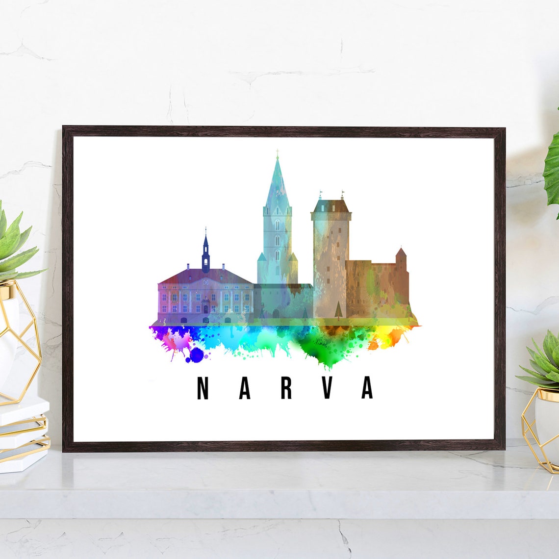 Narva Estonia Watercolor Landmark Castle Skyline Wall Art Poster