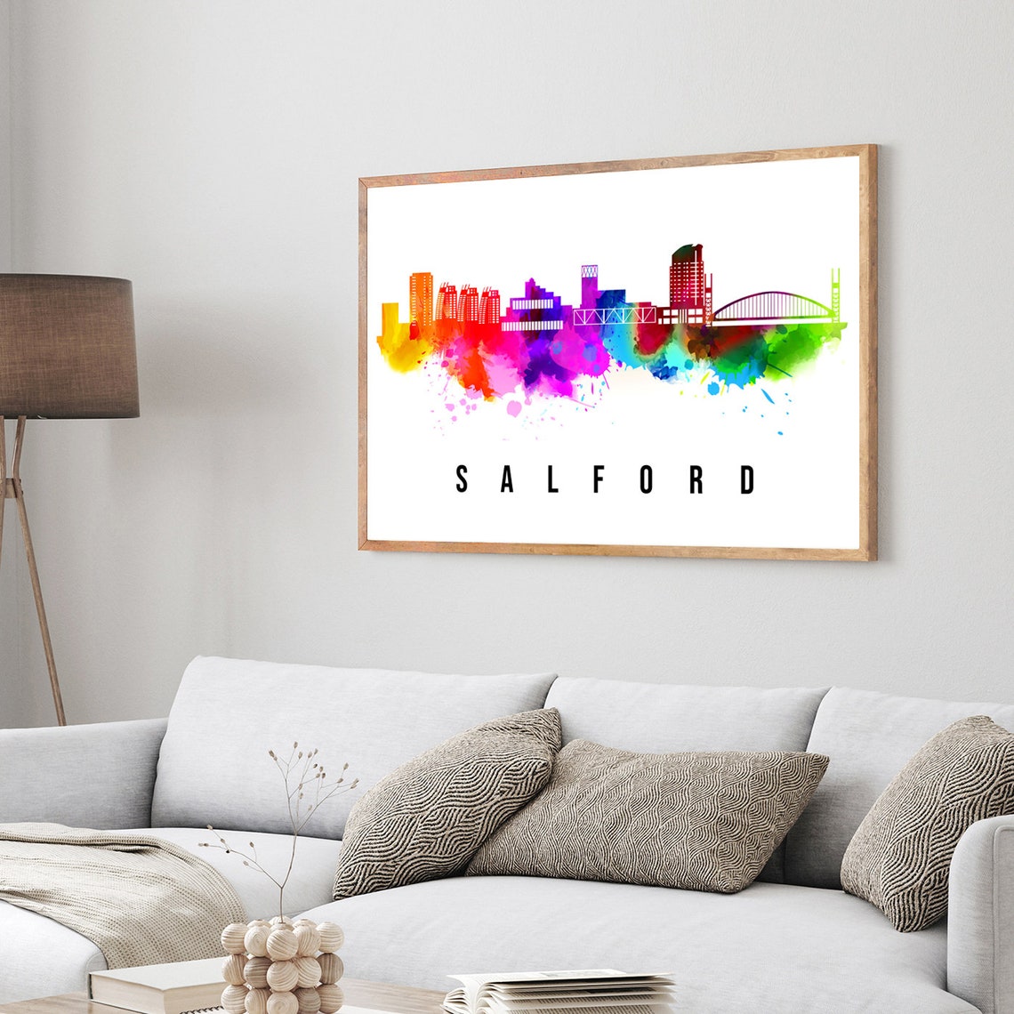 Salford England Rainbow Watercolor Skyline Cityscape Wall Art - Image 4
