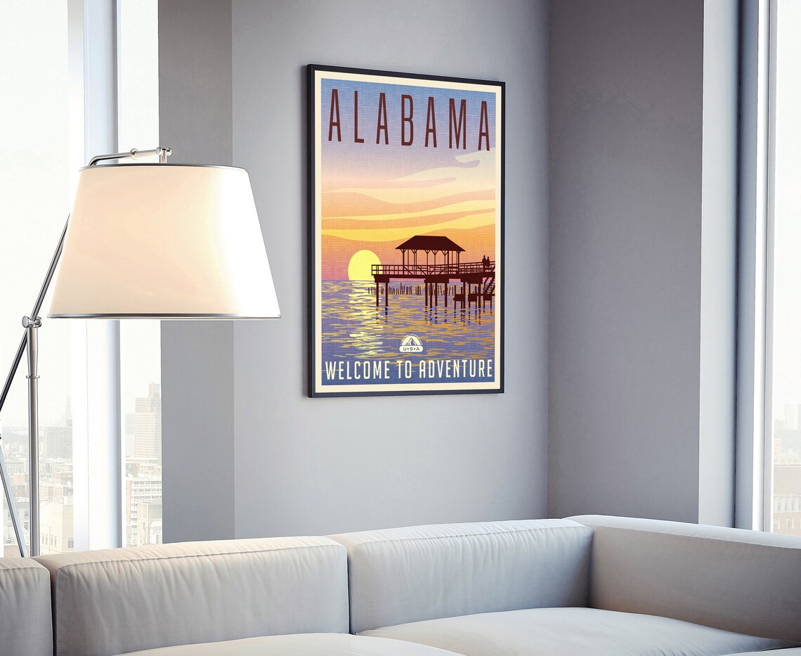 Alabama Gulf Coast Pier Sunset Retro Vintage Travel Wall Art Poster - Image 4