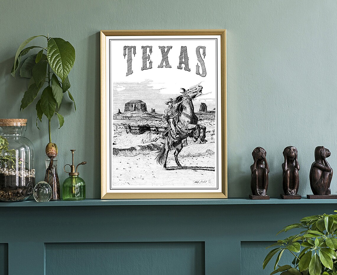 Texas Vintage Cowboy Horseback Desert Engraving Western Art Poster - Image 2