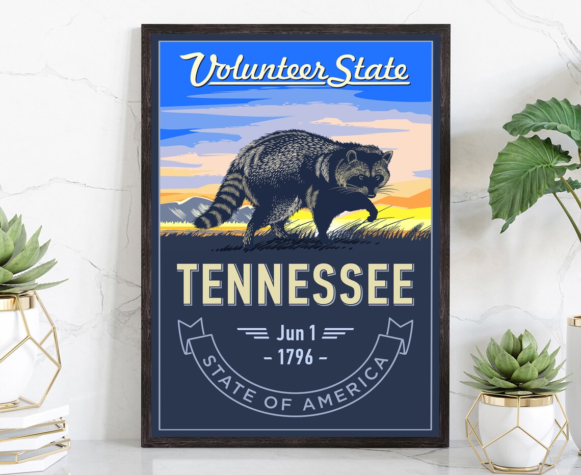 Tennessee Volunteer State Raccoon Retro Wildlife Emblem Wall Poster