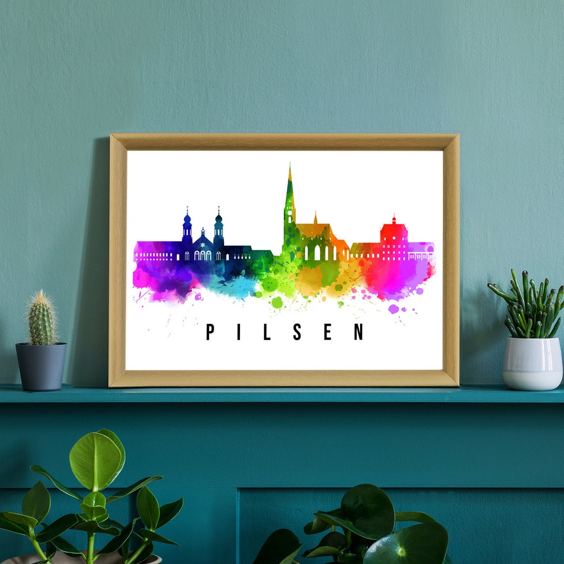 Pilsen Czech Republic Rainbow Watercolor Old Town Skyline Art Poster - Image 3