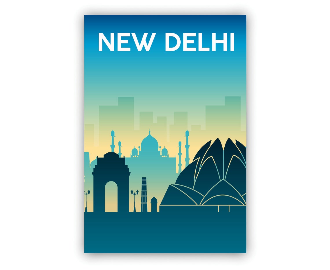 New Delhi India Gate Lotus Temple Blue Gradient Travel Poster - Image 2