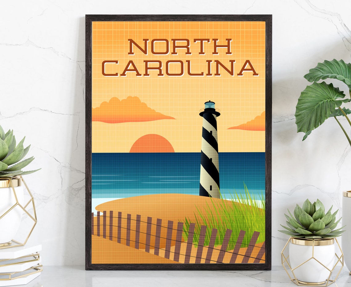 North Carolina Lighthouse Sunset Beach Dunes Retro Travel Poster
