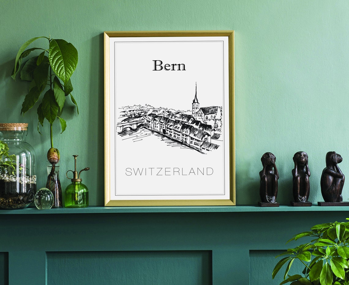 Bern Switzerland Old Town River Bridge Church Spire Sketch Poster - Image 3