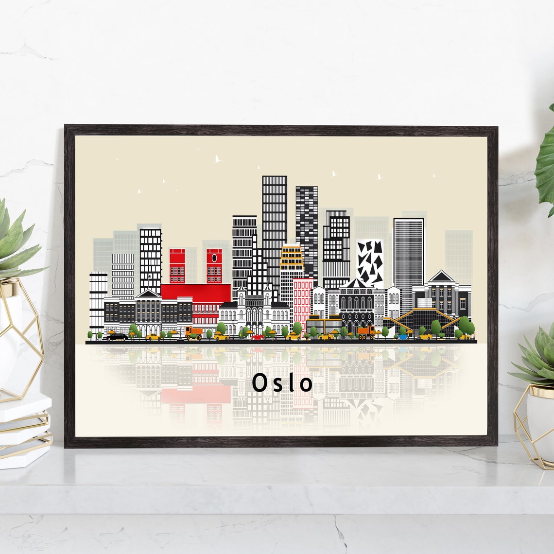 Oslo Norway Flat Vector Skyline Illustration Reflection Poster