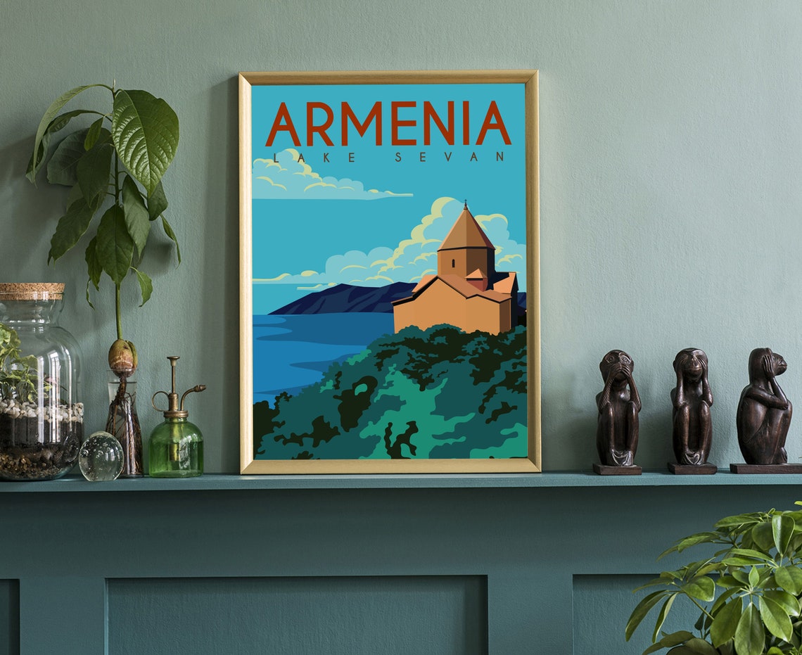 Armenia Lake Sevan Sevanavank Monastery Retro Travel Wall Poster - Image 3