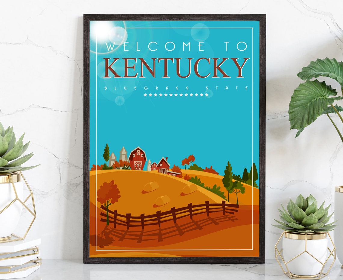 Kentucky Bluegrass State Retro Red Barn Golden Fields Travel Poster