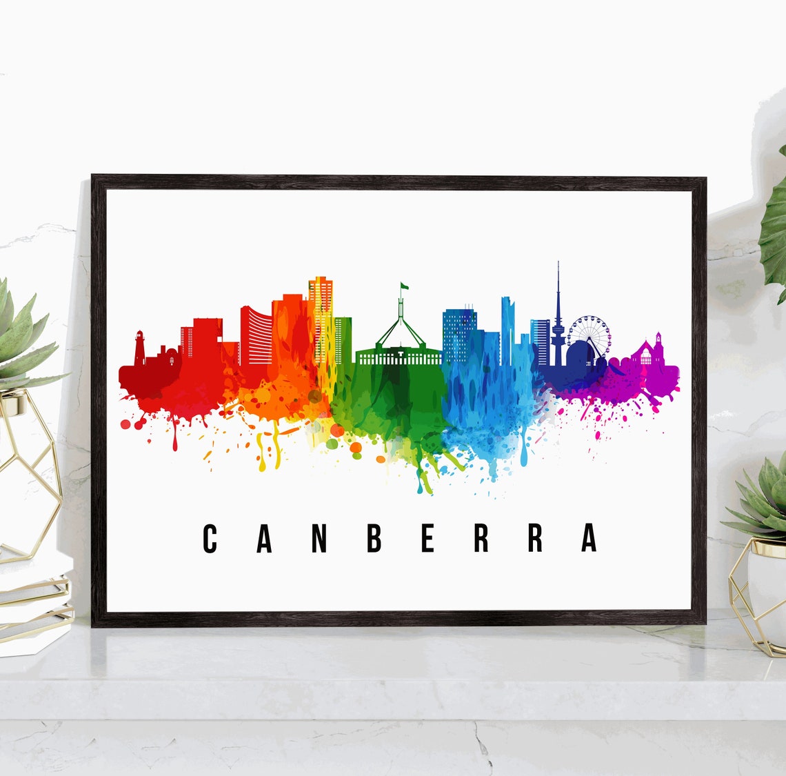 Canberra Australia Rainbow Watercolor Splash Skyline City Poster