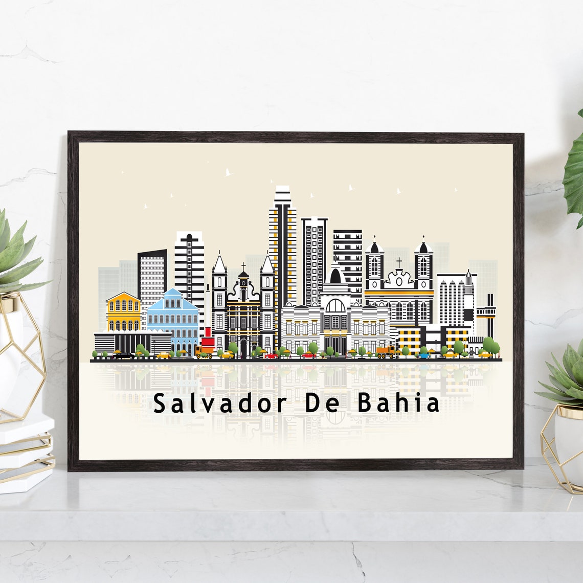 Salvador De Bahia Brazil Colonial Old Town Skyline Illustration Poster