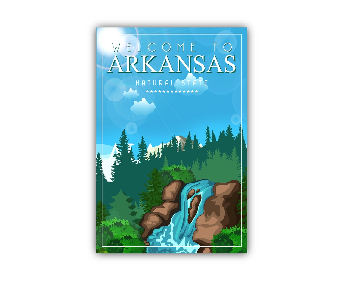 Arkansas Natural State Retro Waterfall Pine Forest Travel Poster - Image 2