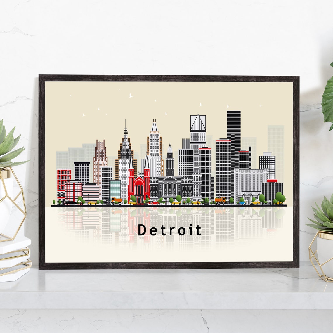 Detroit Michigan Renaissance Center Flat Skyline Travel Poster