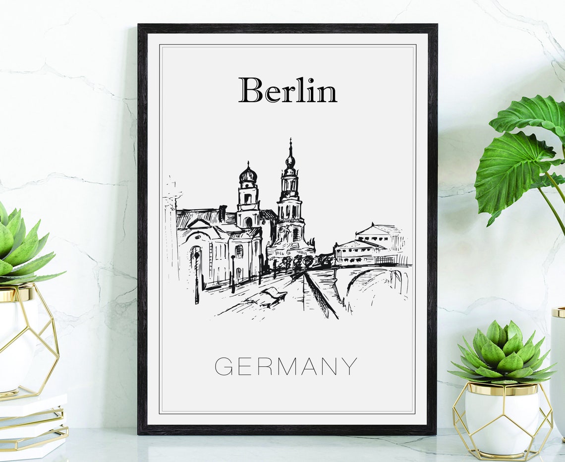 Berlin Germany Historic Square Twin Domed Churches Sketch Poster