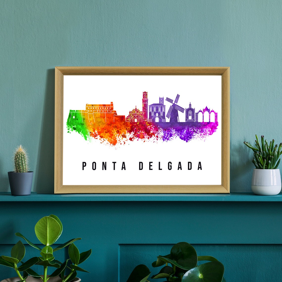 Ponta Delgada Azores Rainbow Watercolor Skyline Windmill Poster - Image 2