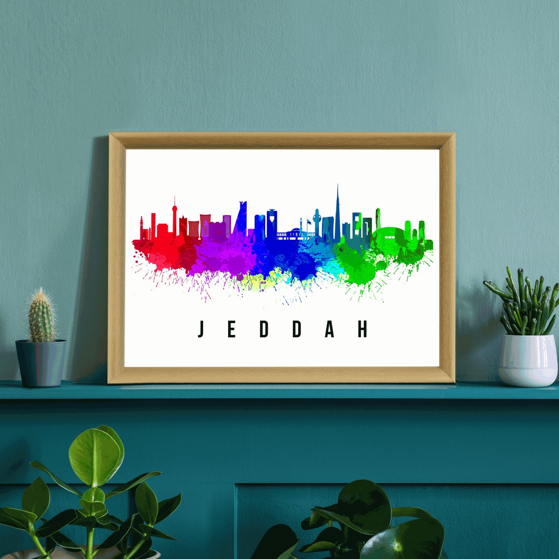 Jeddah Saudi Arabia Rainbow Watercolor Skyline Cityscape Wall Art - Image 3