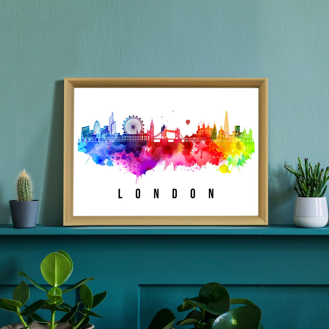 London England Watercolor Rainbow Skyline Landmarks Travel Poster Art - Image 3