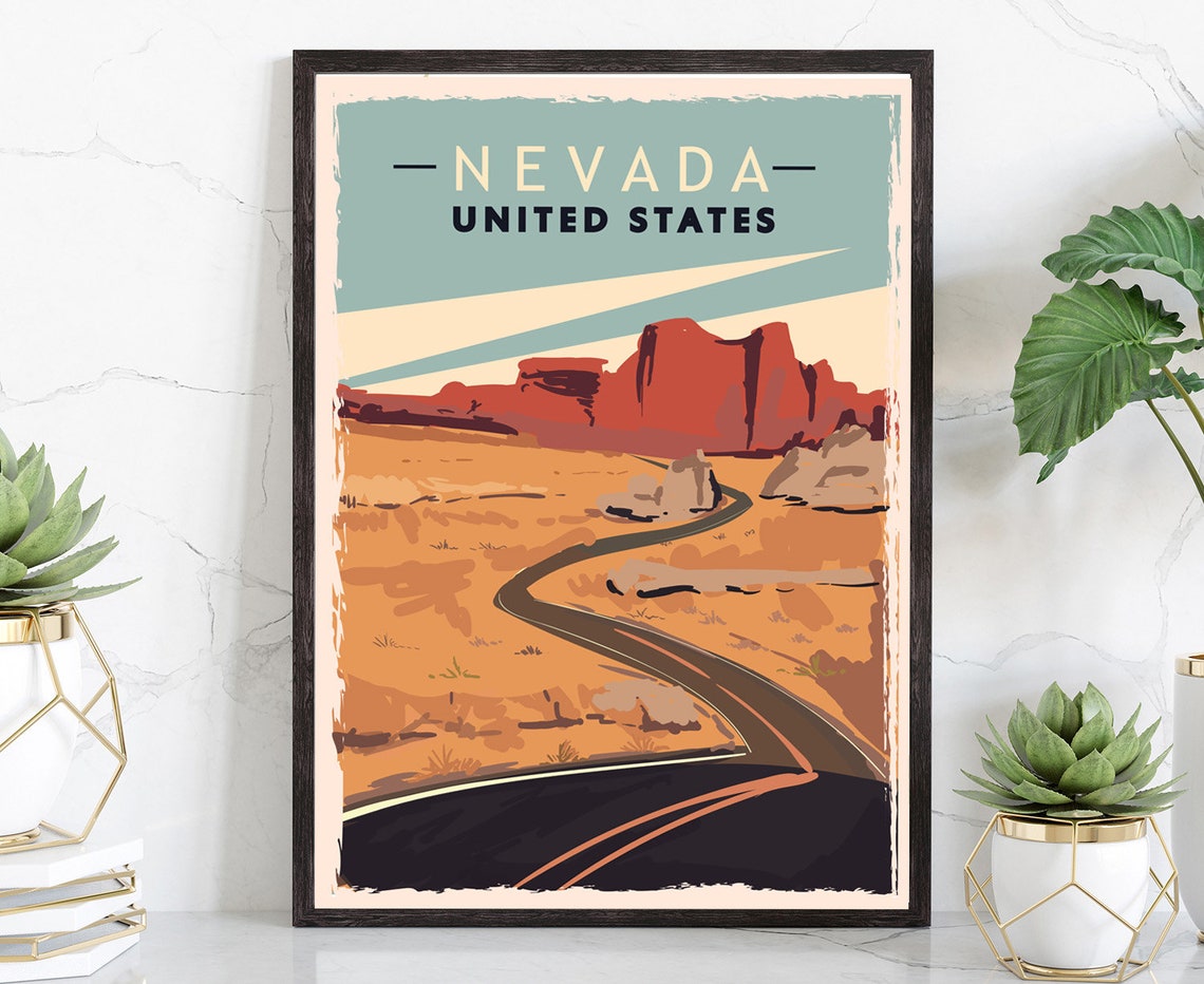 Nevada Desert Highway Red Rock Mesas Vintage Retro Travel Poster