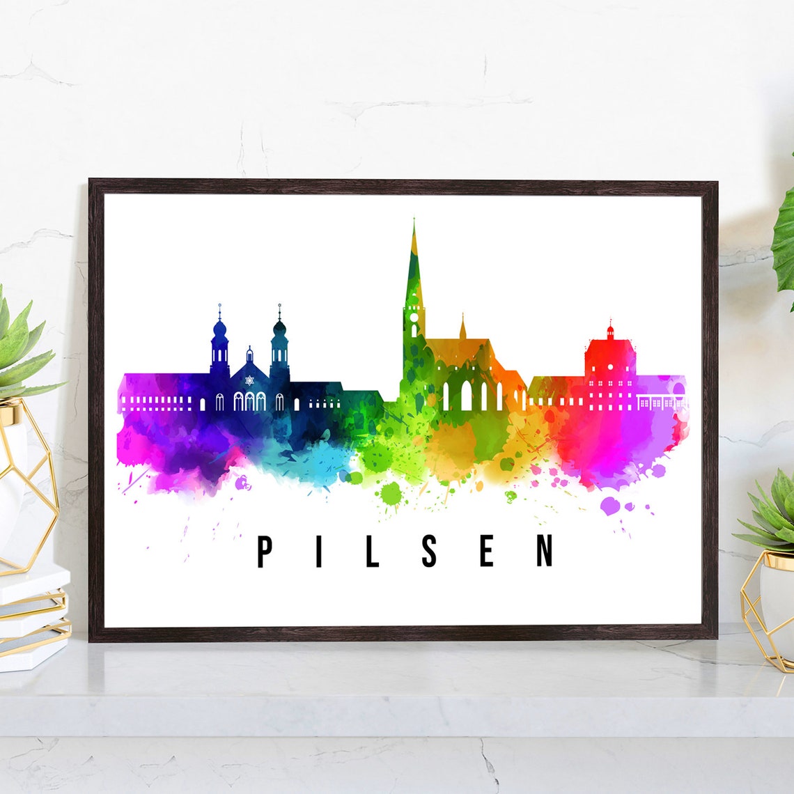 Pilsen Czech Republic Rainbow Watercolor Old Town Skyline Art Poster