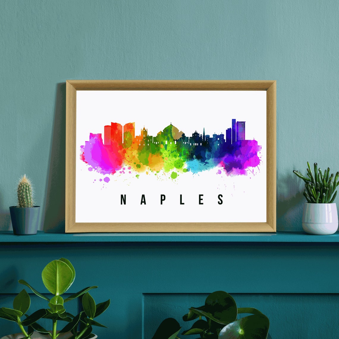 Naples Italy Rainbow Watercolor City Skyline Silhouette Art Poster - Image 3