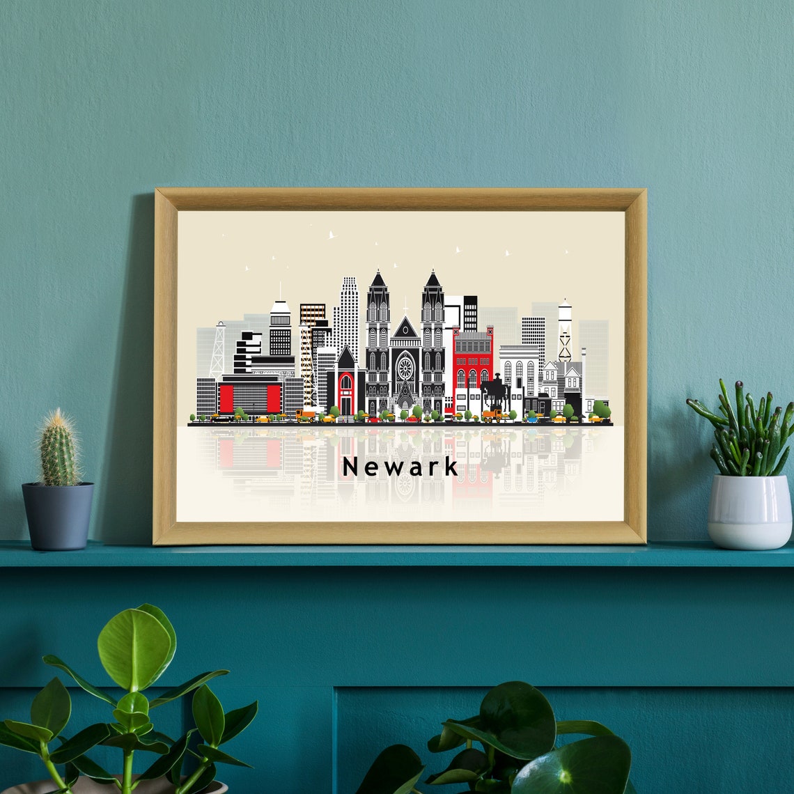Newark New Jersey Retro Vector Skyline Water Reflection Poster - Image 2