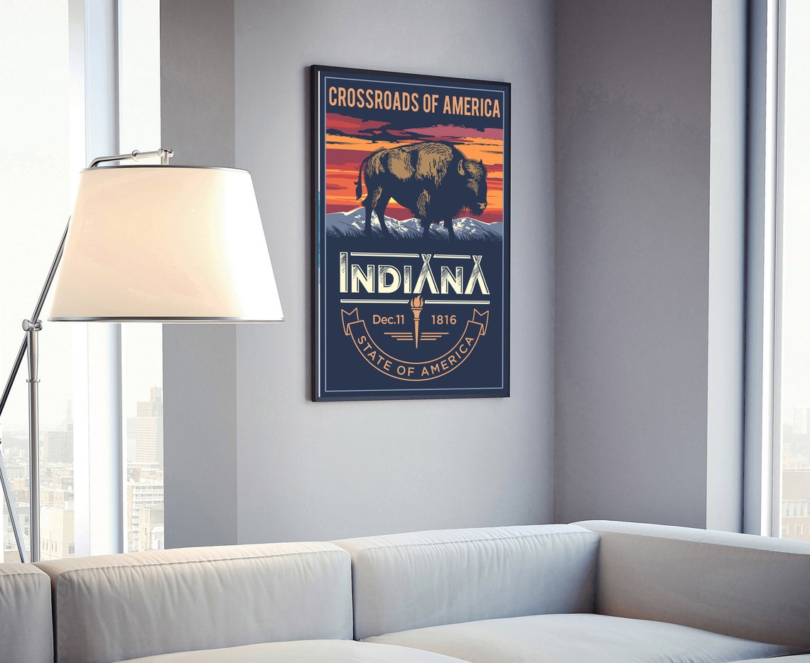 Indiana Crossroads Of America Retro Bison Sunset State Emblem Poster - Image 4