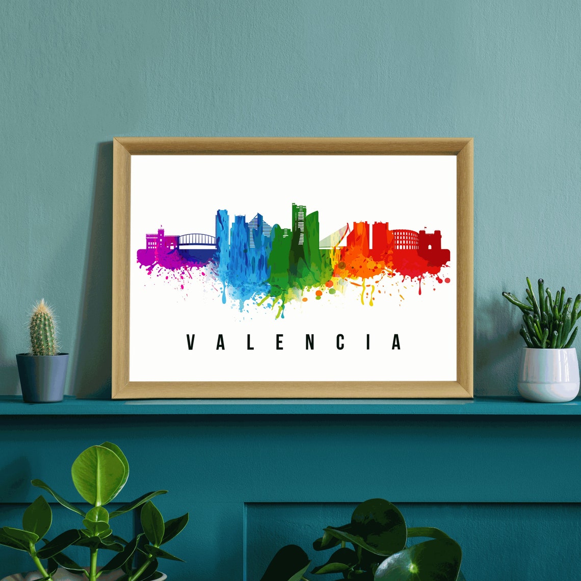 Valencia Spain Rainbow Watercolor Skyline Silhouette Art Poster - Image 3