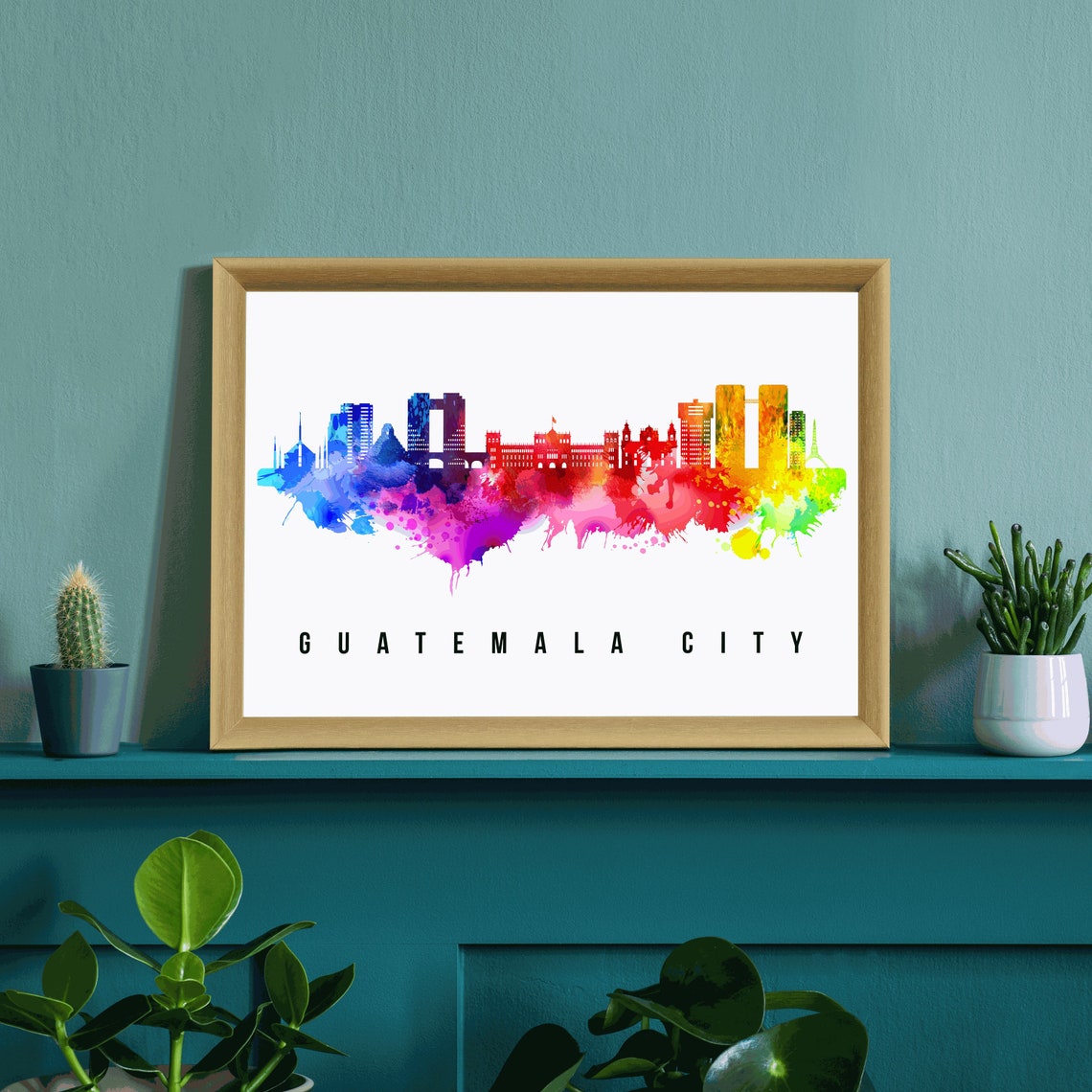 Guatemala City Rainbow Watercolor Skyline Silhouette Travel Poster - Image 3