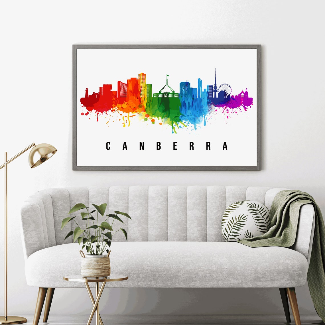 Canberra Australia Rainbow Watercolor Splash Skyline City Poster - Image 4