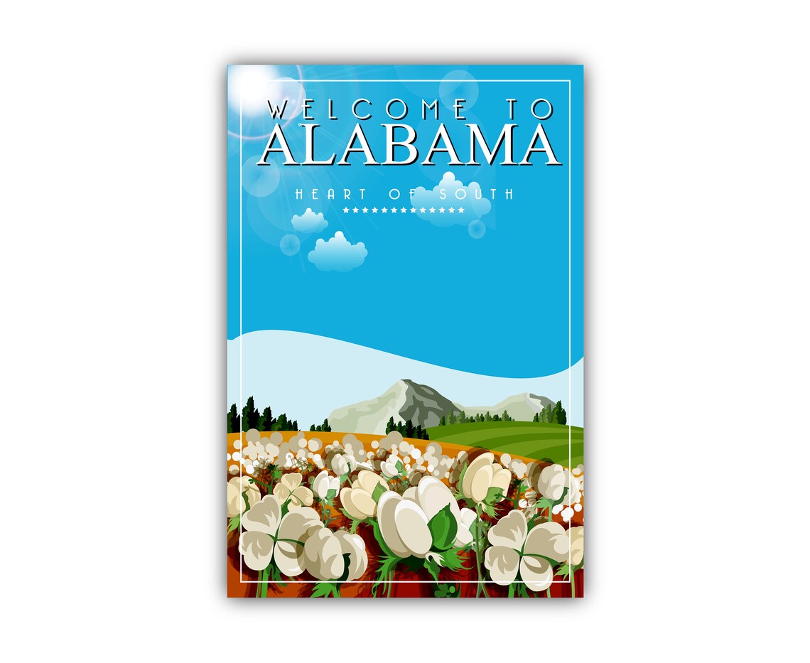 Alabama Heart Of The South Cotton Field Retro Vintage Travel Poster - Image 2