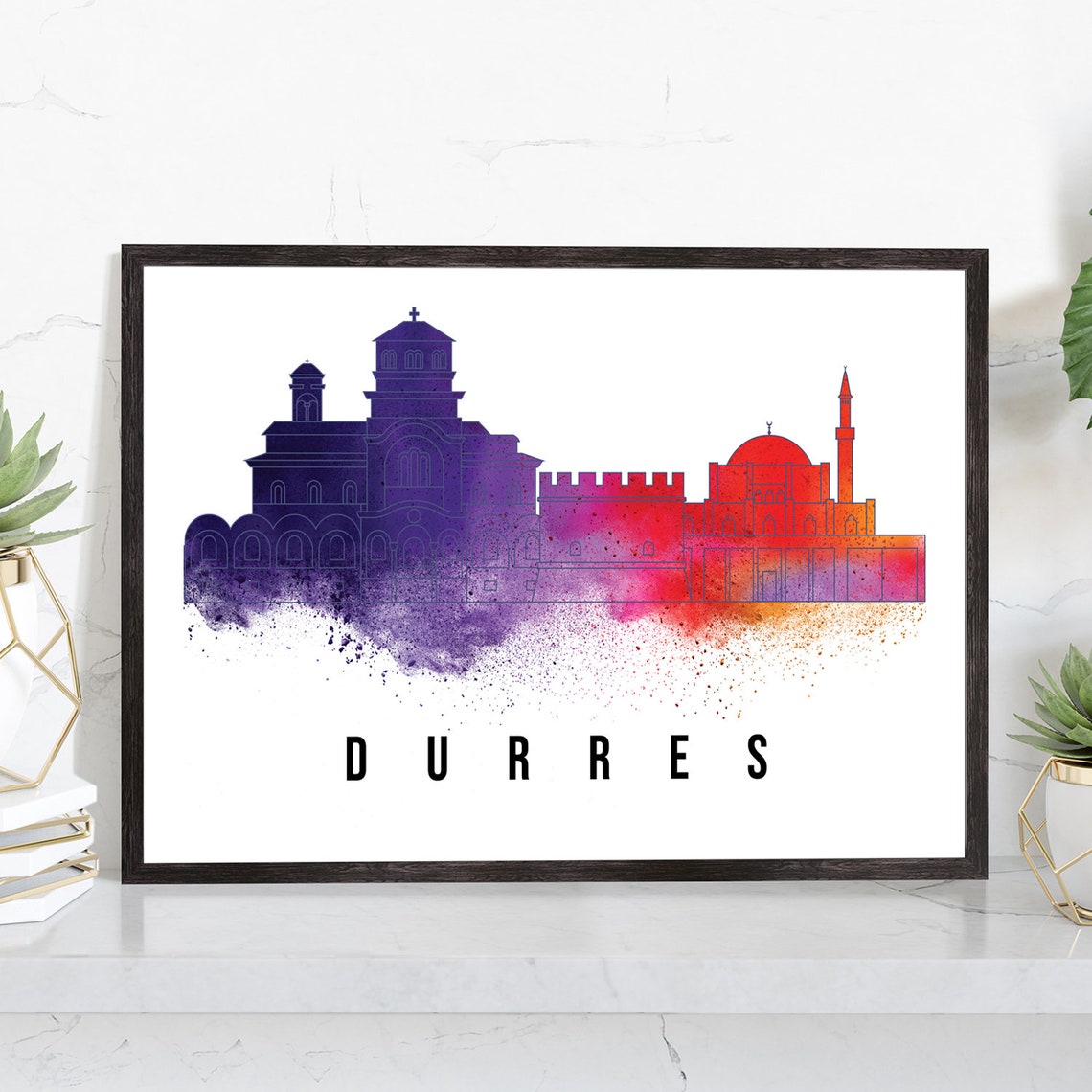 Durres Albania Purple Red Watercolor Skyline Fortress Mosque Print