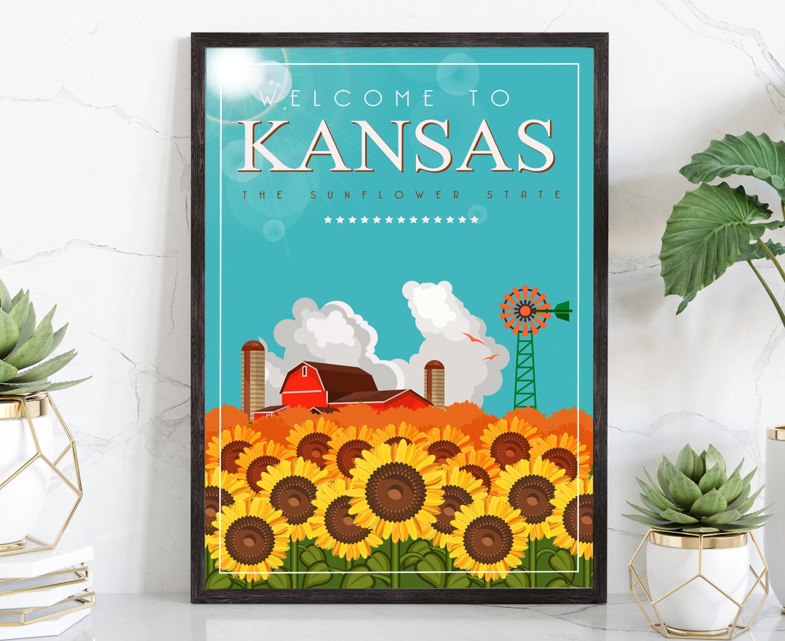 Kansas Sunflower State Retro Barn Windmill Welcome Travel Poster