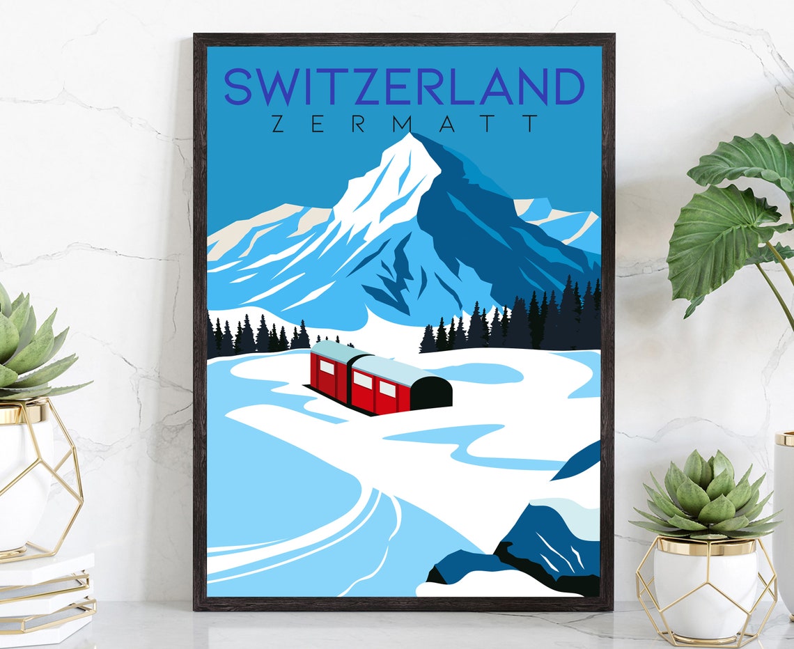 Zermatt Switzerland Snowy Alpine Train Winter Mountain View Poster
