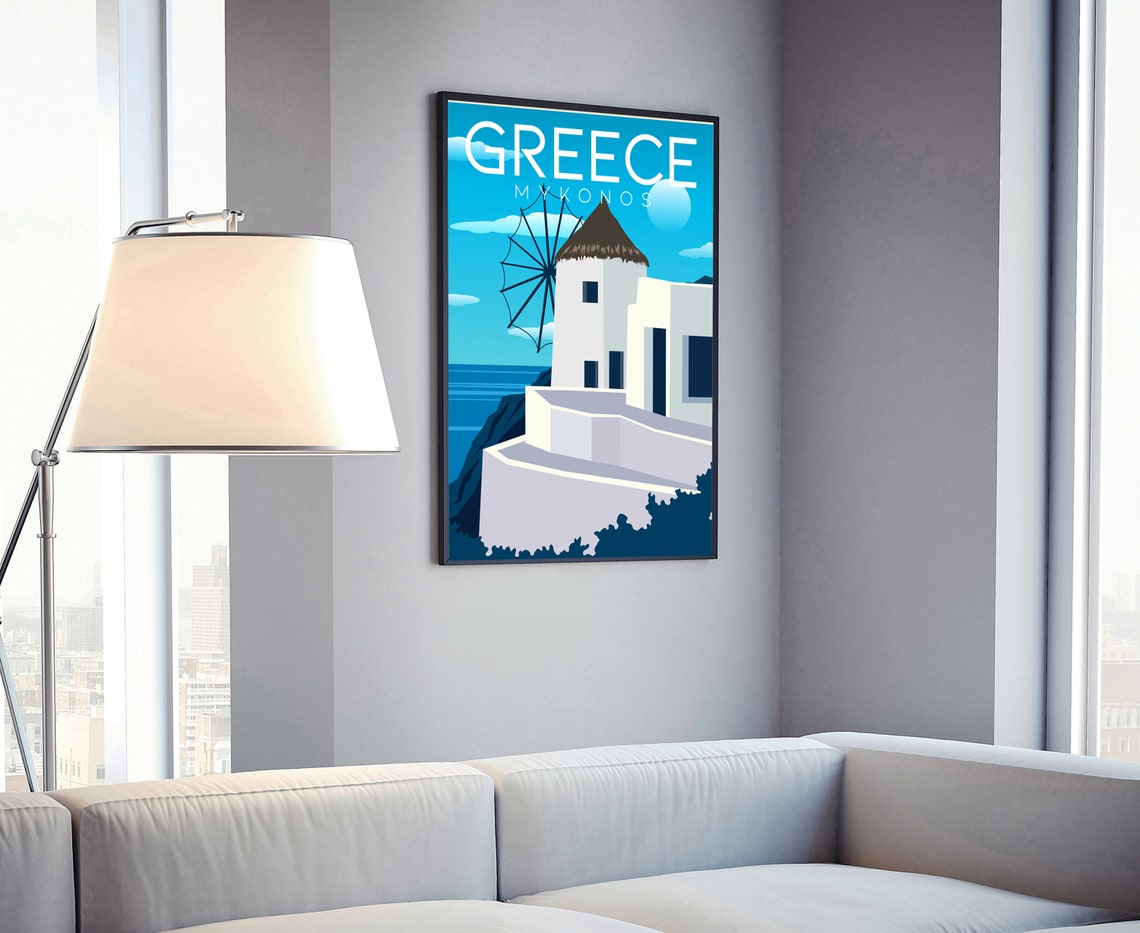 Greece Mykonos Whitewashed Windmill Bright Blue Sky Travel Poster - Image 4