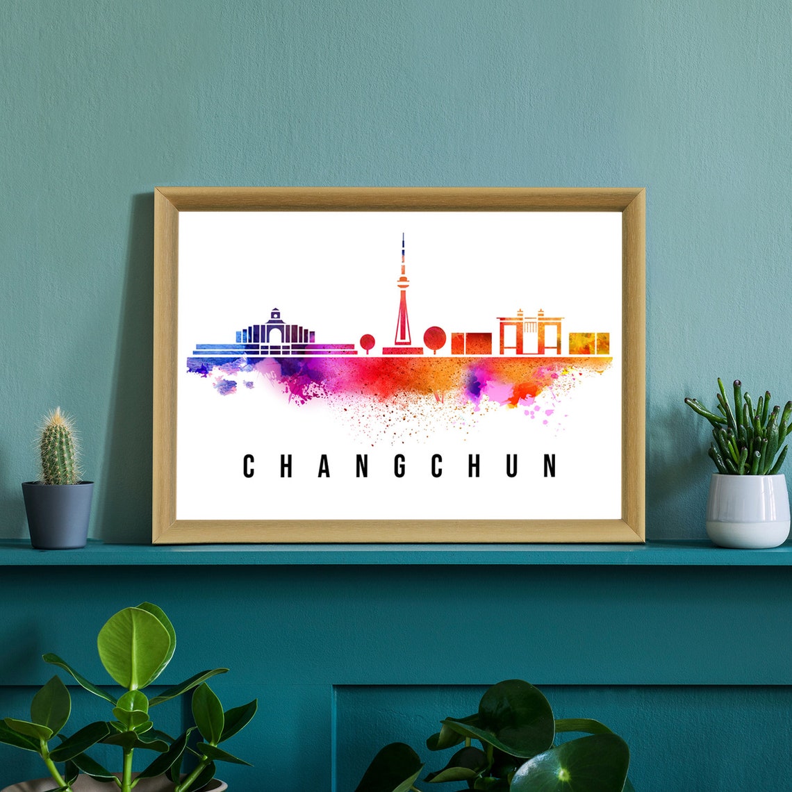 Changchun China Watercolor Skyline Tower Stadium Silhouette Wall Art - Image 2