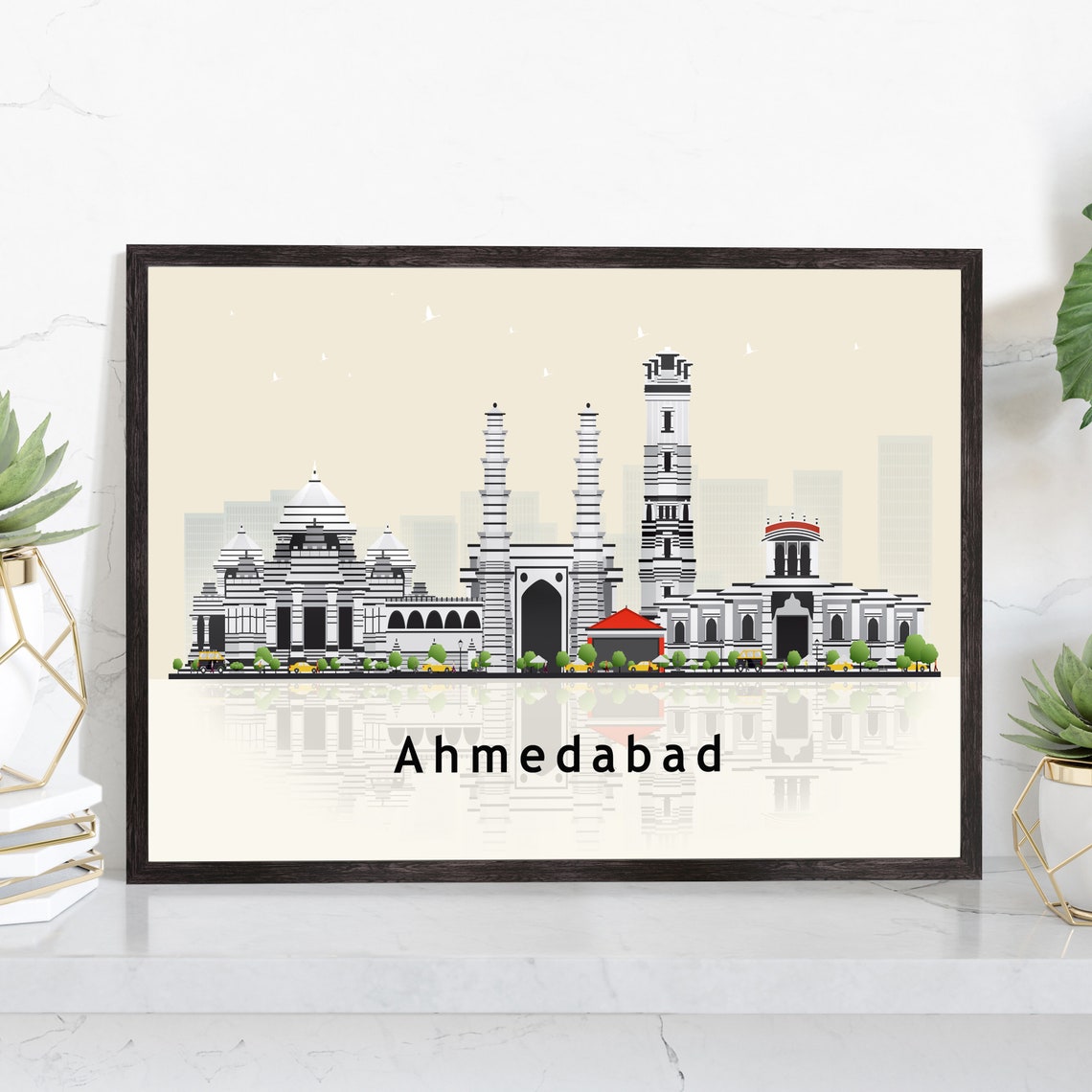 Ahmedabad India Modern Skyline Illustration Landmarks Travel Poster