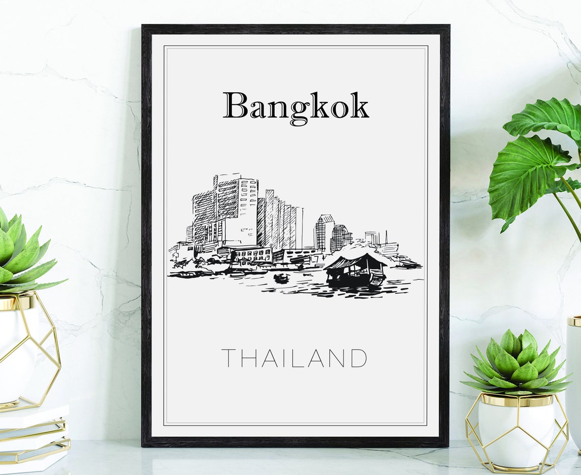 Bangkok Thailand Chao Phraya River Boat City Towers Sketch Poster